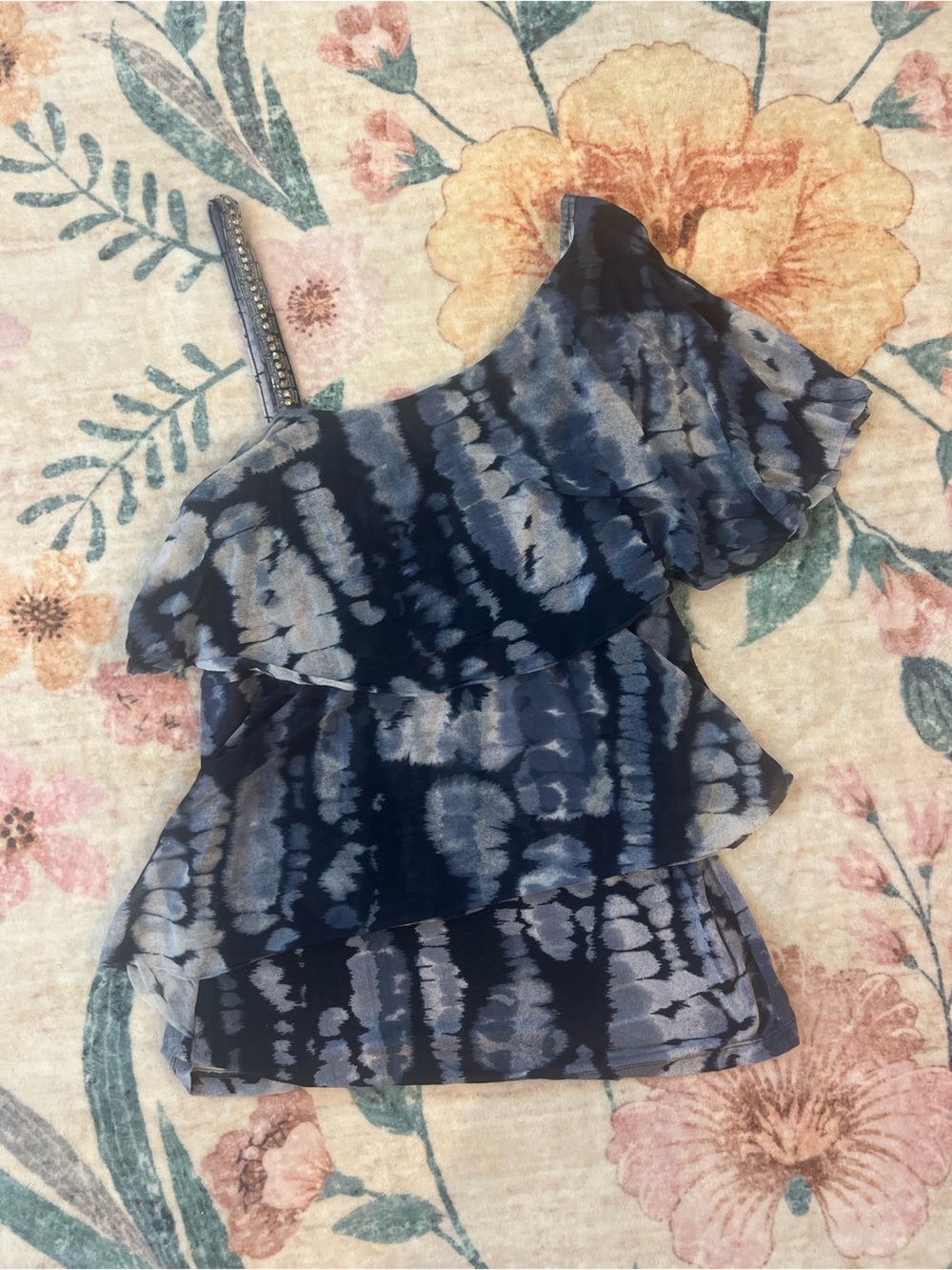 INC International Concepts Navy Tiered Ruffle one shoulder beaded strap Top